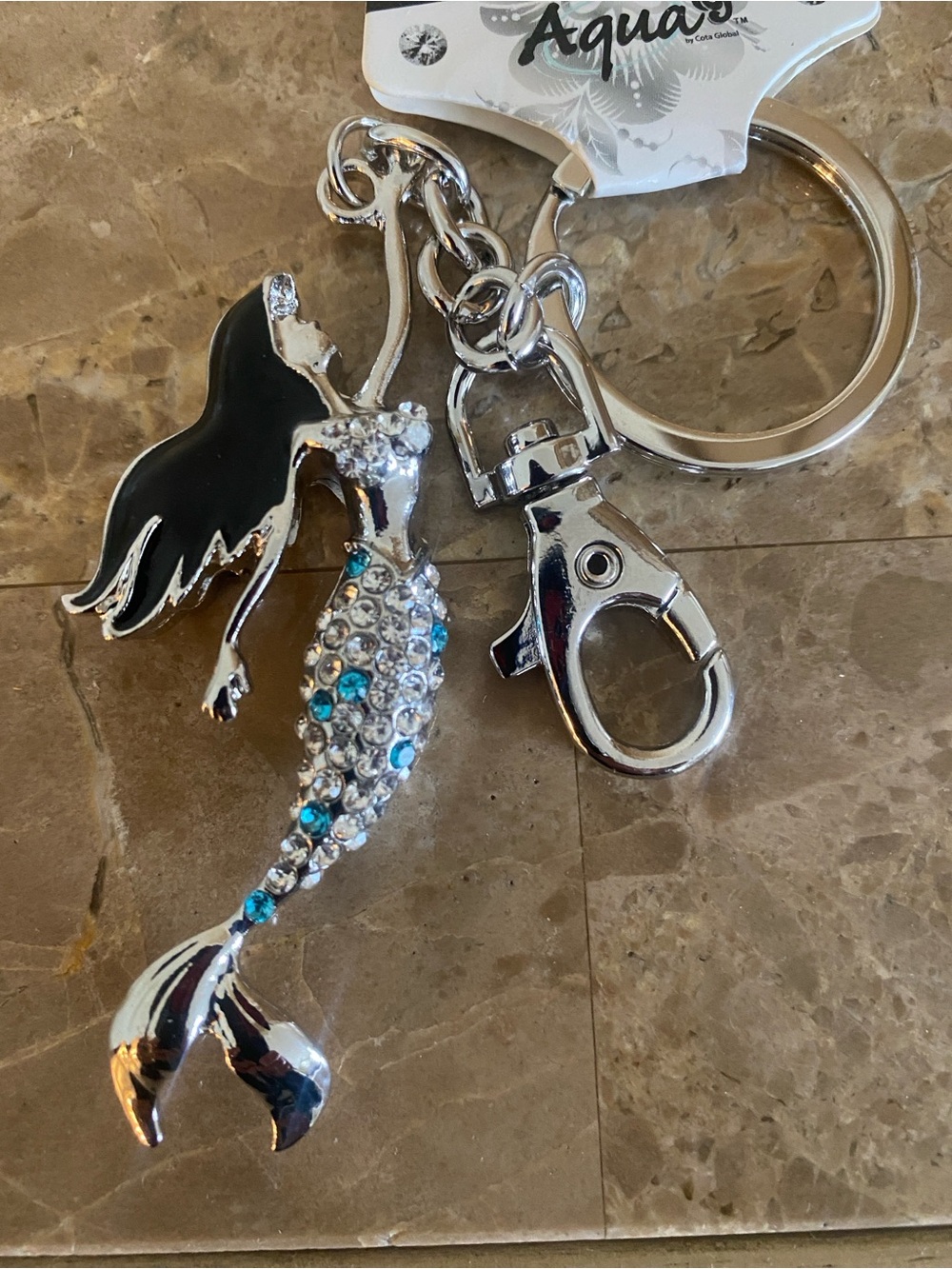 Aqua blue & clear crystal Mermaid bag charm keychain silvertone NWT